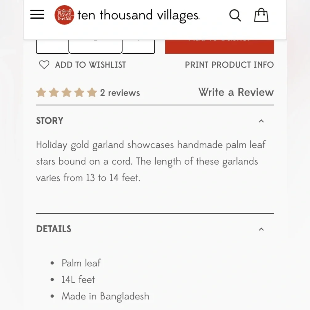 NWT- Ten Thousand Villages 14 ft of Woven Palm Leaf Navy Blue Star Garland